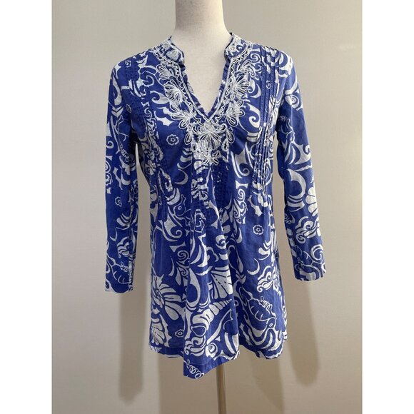 Lilly Pulitzer Sarasota Beaded Tunic Womens S Blue Shell Print - Picture 1 of 9